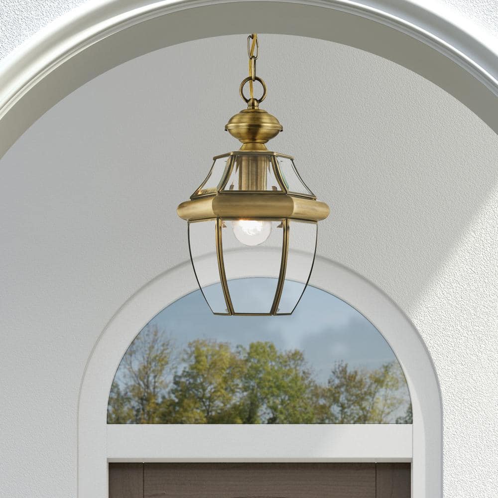 Colonial New England Inspired 1-Light Antique Brass Pendant with Clear Beveled Glass