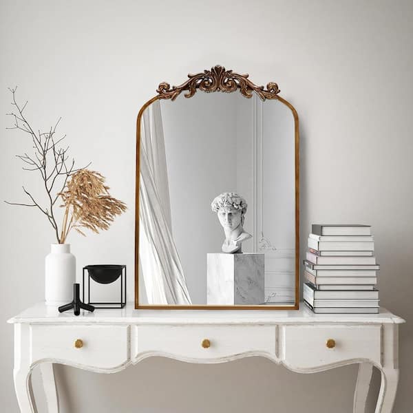 18.9 in. W x 31.1 in. H Ornate Baroque Antique Brass Vintage Stainless Metal Frame Arched Wall Mirror