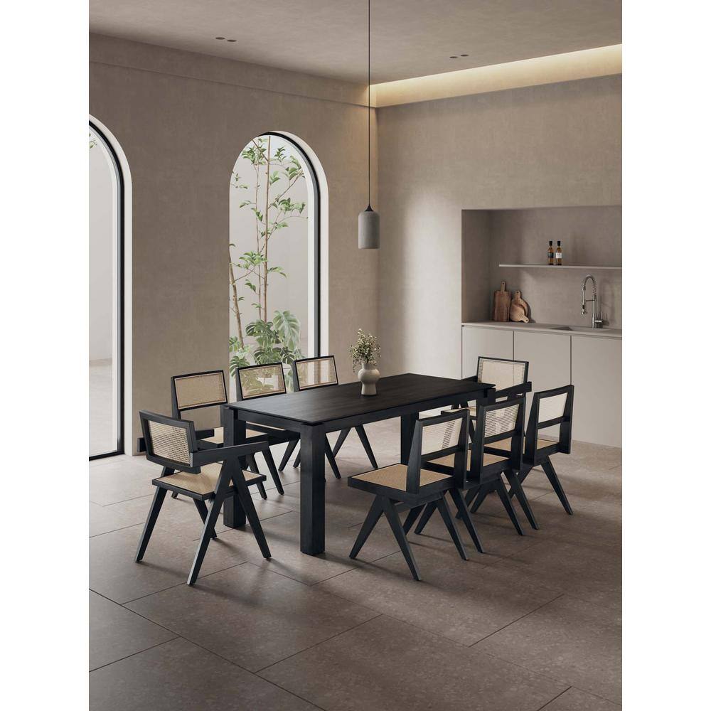 Ash Wood Black Rectangular Dining Set with Cane Chairs