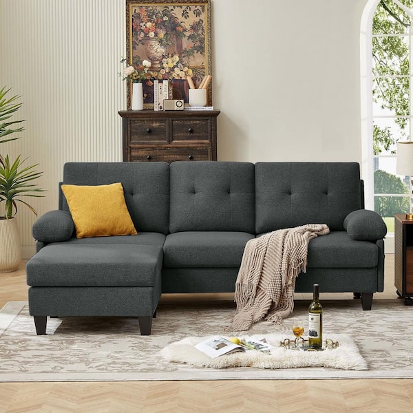 STICKON 86.22 in. W Armless Fabric L-Shaped 3-Seat Sectional Sofa in Dark Grey with Side Storage Pockets (2-Piece)