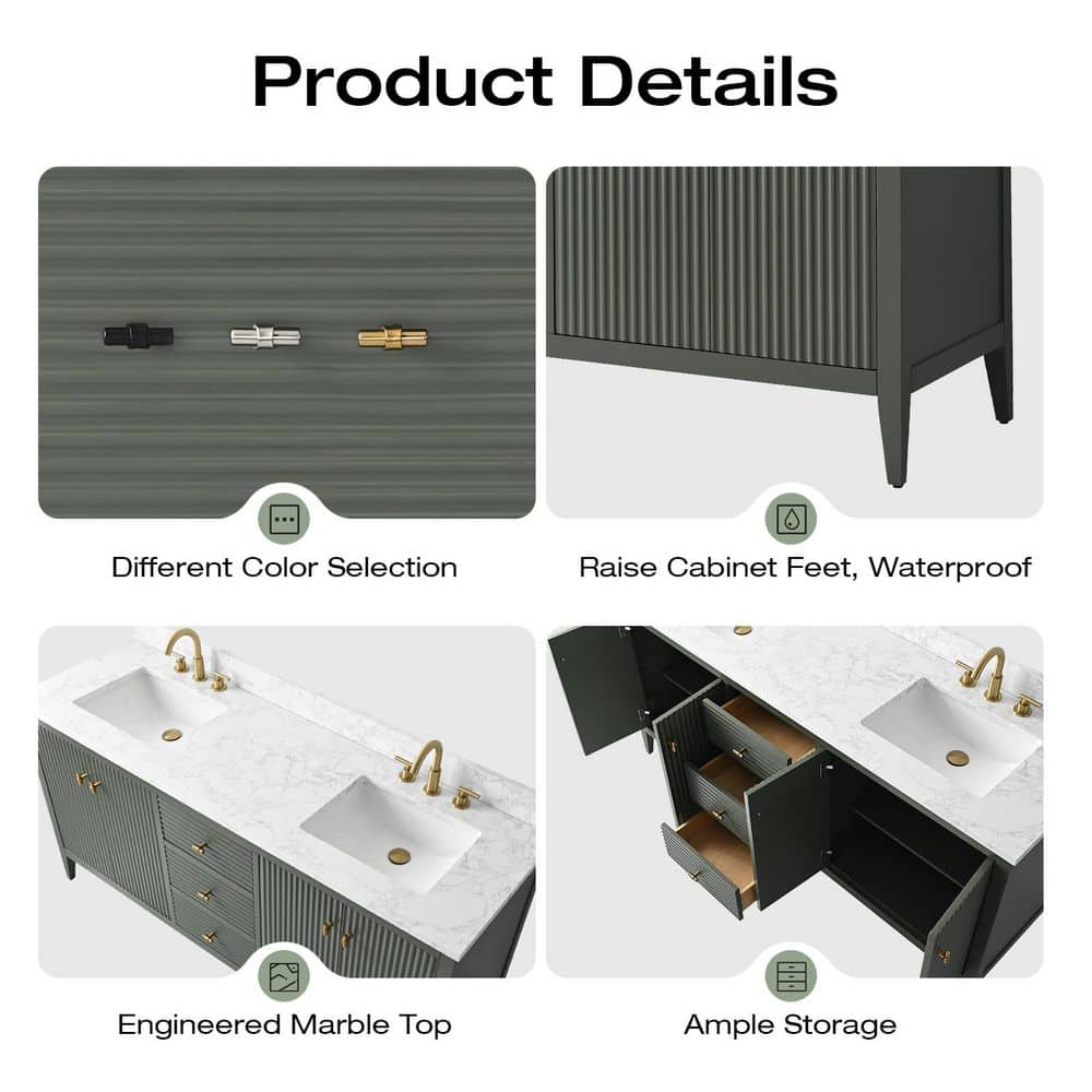 72'' Linear Vintage Green Double Sink Freestanding Bathroom Vanity with Engineered Marble Top