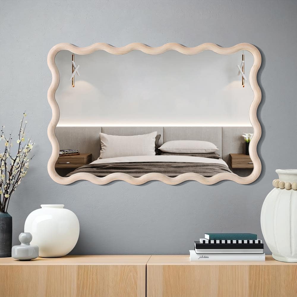 39.25-Inch Tall Rectangular Natural Pine Wood Wavy Frame Wall Mirror