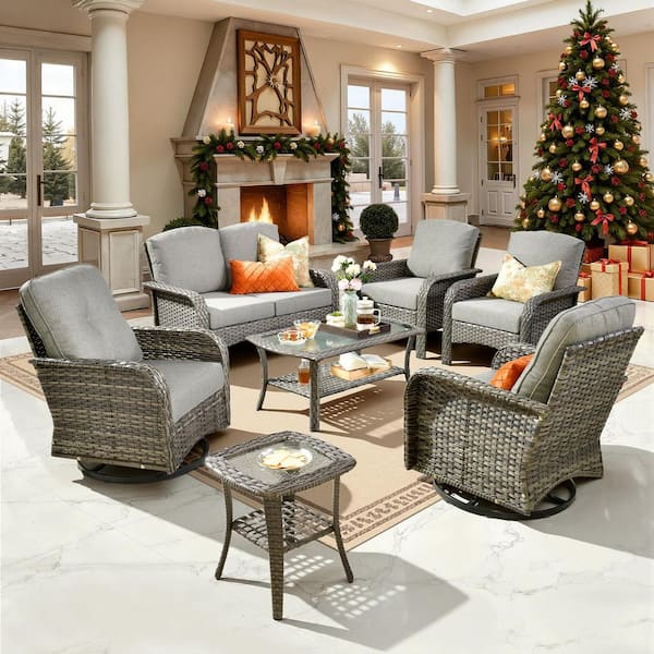 Denali Gray 7-Piece Modern Wicker Patio Conversation Sofa Seating Swivel Rocking Chairs Set with Dark Gray Cushions