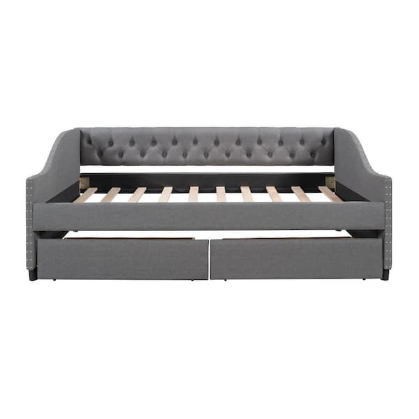 Button-Tufted Gray Wood Full Size Linen Upholstered Daybed with 2-Drawer and Nail head Trim