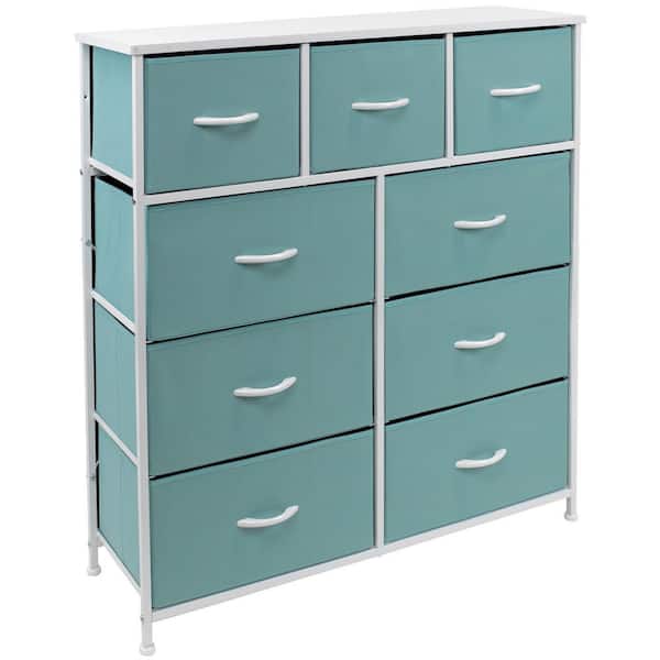 Sorbus 39.5 in. L x 11.5 in. W x 39.5 in. H 9-Drawer Aqua Dresser with Steel Frame Wood Top Easy Pull Fabric Bins