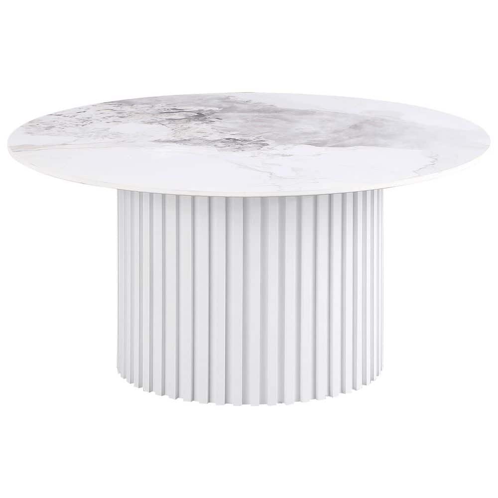 Rowena Round White Faux Marble and Wood Coffee Table