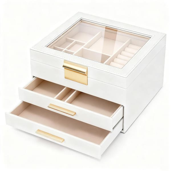 8 x 5.3 in. White PU Leather Jewelry Box with Glass Lid and Drawers, Jewelry Organizer for Necklaces, Rings, Earrings