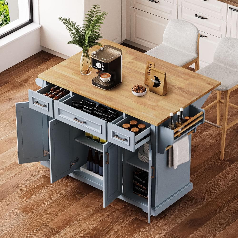 OLUMAT Gray Blue Wood 54.1 in. W Large Kitchen Island Cart with Drop ...