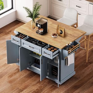 Gray Blue Wood 54.1 in. W Large Kitchen Island Cart with Drop Leaf, 4-Doors and 3-Drawers