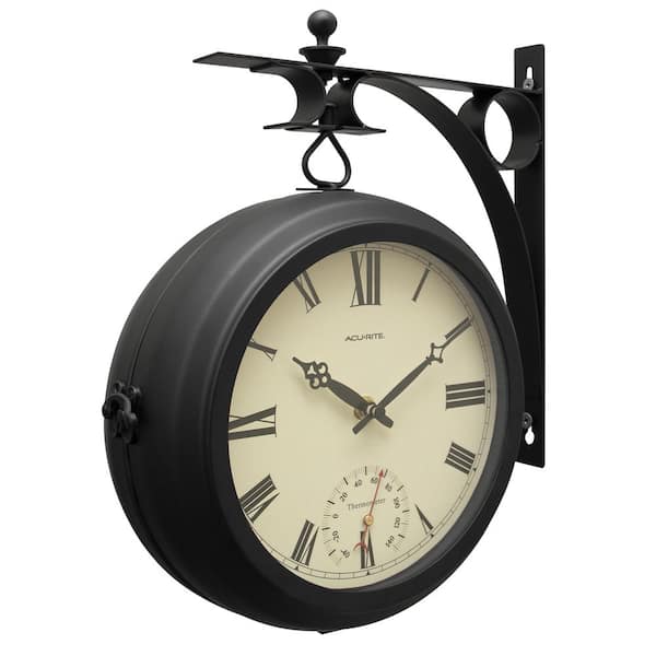 AcuRite 9-in. Indoor/Outdoor Double-Sided Hanging Clock with 360° Spin  Functionality, Iron Metal Frame and Thermometer 75140M - The Home Depot
