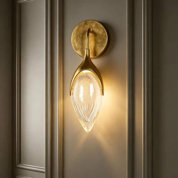 Vintage 1-Light Gold LED Wall Sconce Bedroom Living Room Wall Light with Teardrop Seedy Glass Antique Gold Leaf Accents