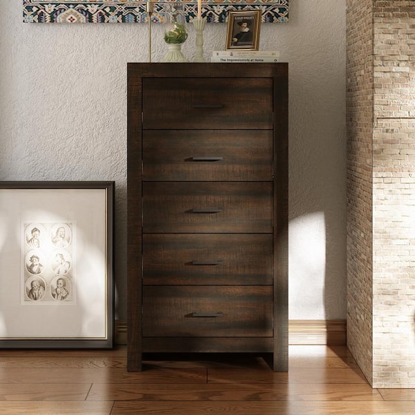 FUFU&GAGA 23.6 in. W Brown Wood Grain 5-Drawer Chest of Drawers Dresser in American Country Style, 15.7 in. D x 45.3 in. H