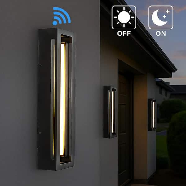 20 in. H Modern Lantean Outdoor Wall Light w /Dusk to Dawn Sensor, Acrylic Shade Linear Black 30W Integrated LED Sconce