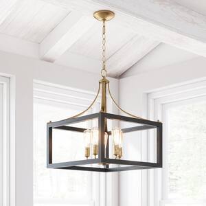 Boswell Quarter 20 in. 5-Light Vintage Brass Farmhouse Square Chandelier with Painted Black Distressed Wood Accents