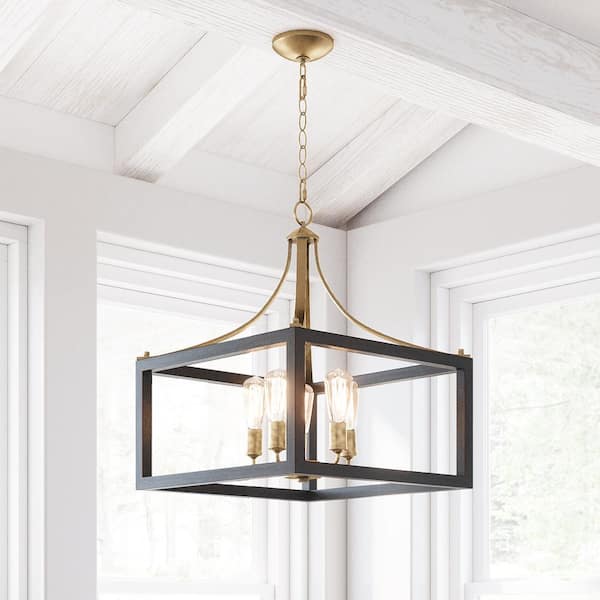 Boswell Quarter 20 in. 5-Light Gold Farmhouse Square Chandelier with Painted Black Distressed Wood Accents for Kitchens