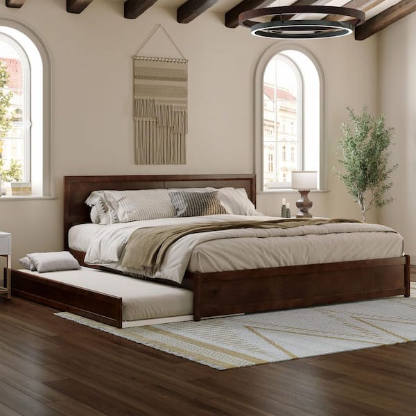 Lylah Walnut Brown Wood Frame King Platform Bed with Panel Footboard and Twin XL Trundle