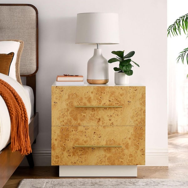 Abel 2-Drawer Nightstand in White Bleached Burl with Storage