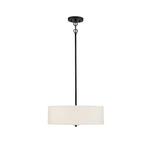 18 in. W x 6.5 in. H 3-Light Matte Black Shaded Pendant Light with White Fabric Drum Shade