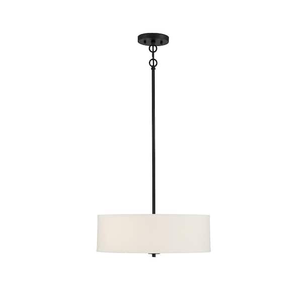 Savoy House 18 in. W x 6.5 in. H 3-Light Matte Black Shaded Pendant Light with White Fabric Drum Shade