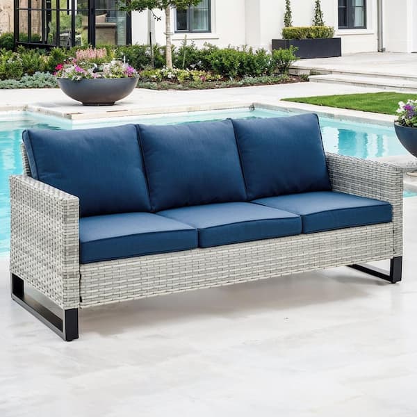 U-Weave Metal and Light Beige Wicker Outdoor 3-Seat Sectional Couch Patio Sofa with Olefin Blue Cushions