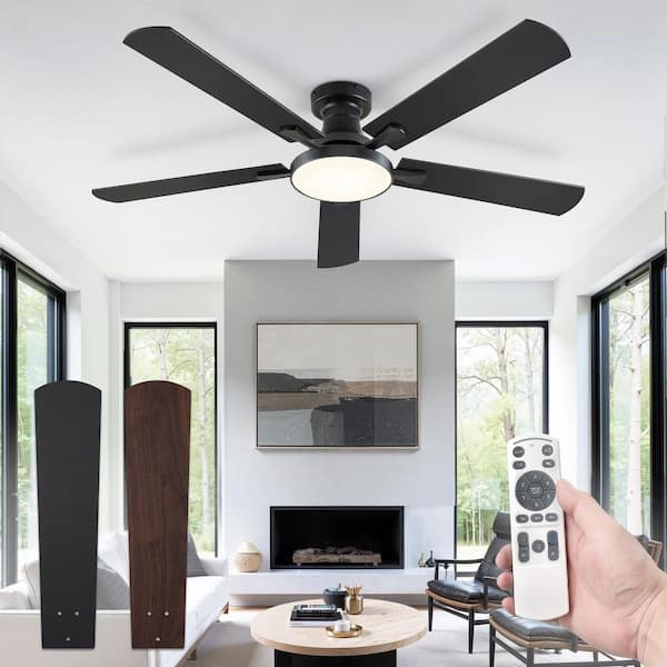 52 in. Black Standard Flush Mount Ceiling Fan with LED Light Remote/APP Control Reversible DC Motor 3CCT for living room