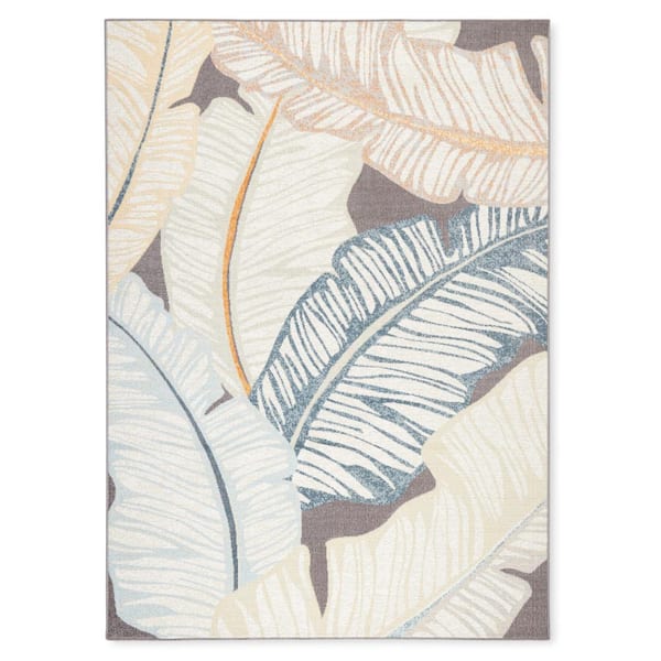 Cay Palm Fronds Dark Grey 5 ft. x 7 ft. Indoor Outdoor Area Rug