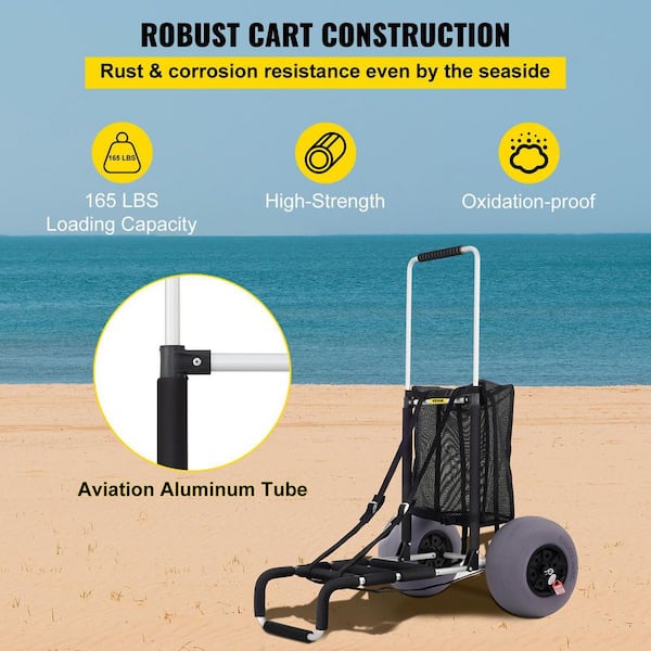 VEVOR Beach Carts for The Sand, w/ 12 inch TPU Balloon Wheels, 165lbs Loading Capacity Folding Sand Cart & 29.5 inch to 49.2 inch Adjustable Height
