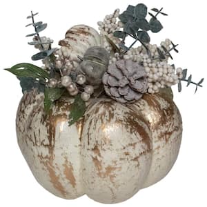 10 in. White and Gold Pine Cones and Pumpkins Fall Harvest Tabletop Decor