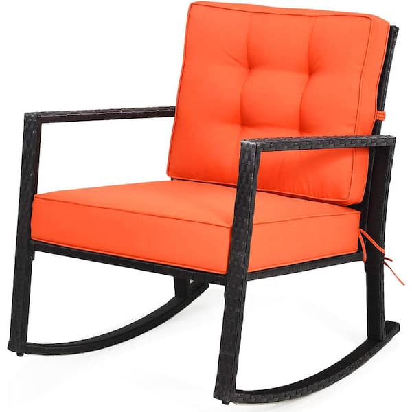 SUGIFT Metal Outdoor Rocking Chair with Orange Cushion
