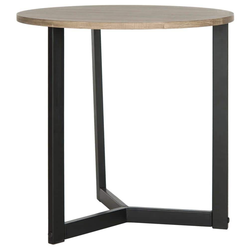 Leonard Round Oak and Black Metal End Table