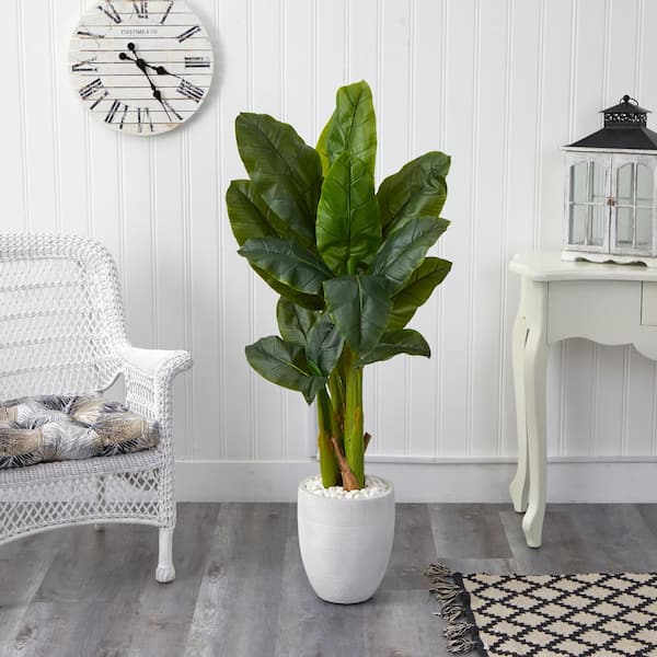 Nearly Natural 52 in. Triple Stalk Artificial Banana Tree in White Planter (Real Touch)