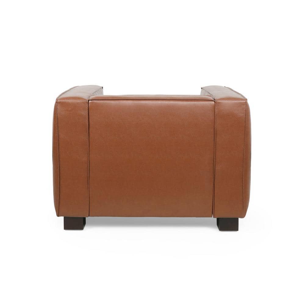 Cognac Brown Square Arm Faux Leather Club Chair with Dark Walnut Wood Legs