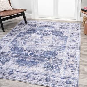 Alanya Ornate Navy/Cream 8 ft. x 10 ft. Medallion Machine Washable Indoor Area Rug