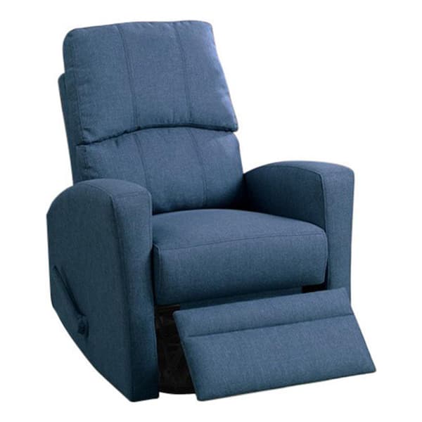 Benjara Navy Polyfiber Fabric and Wooden Swivel Recliner Chair