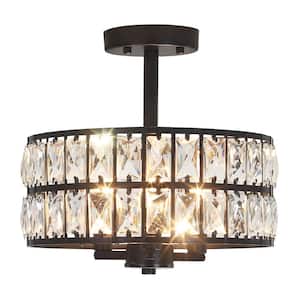 12.59 in. Koyal 3-Light Round Black Drum Chandelier Semi Flush Mount Ceiling Light with Clear Crystal Glass Drum Shade