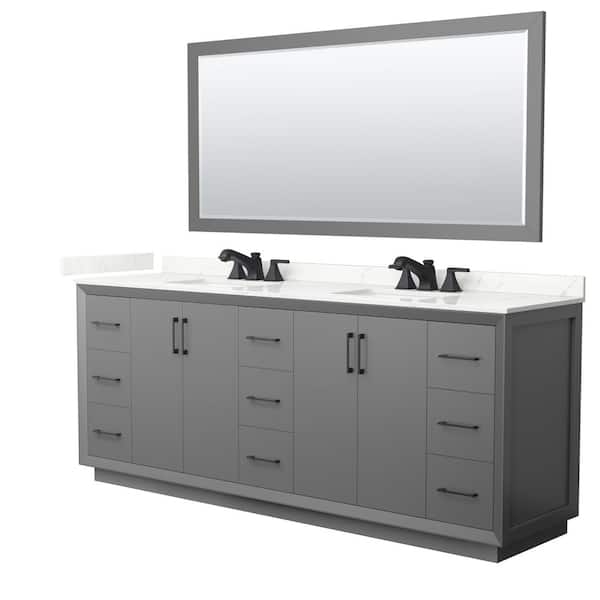 Wyndham Collection Strada 84 in. W x 22 in. D x 35 in. H Double Bath Vanity in Dark Gray with Giotto Quartz Top and 70 in. Mirror