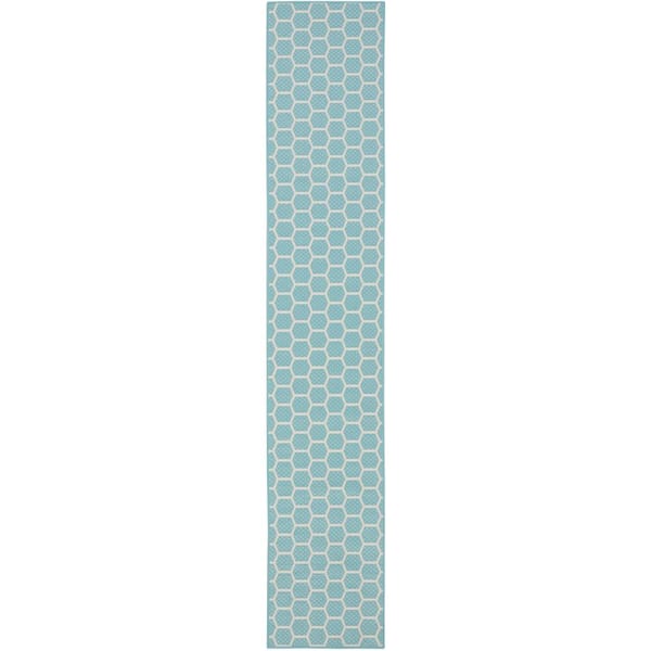 Nourison Reversible Indoor Outdoor Aqua 2 ft. x 12 ft. Honeycomb Contemporary Runner Area Rug