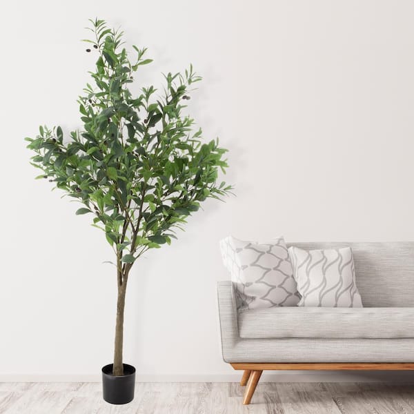 Pure Garden 6 ft. Indoor/Outdoor Artificial Olive Tree - Potted Faux Floor Plant with Fruit - Natural Looking Greenery Decoration