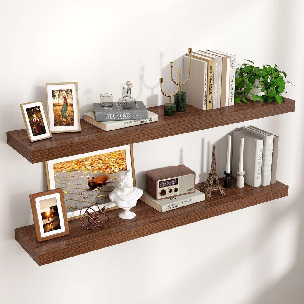 47 in. W x 9 in. D Walnut Floating Decorative Wall Shelf (Set-2