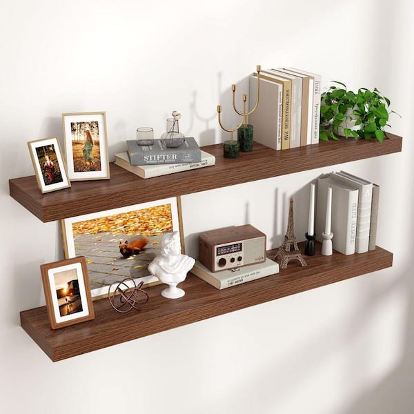 47 in. W x 9 in. D Walnut Floating Decorative Wall Shelf (Set-2