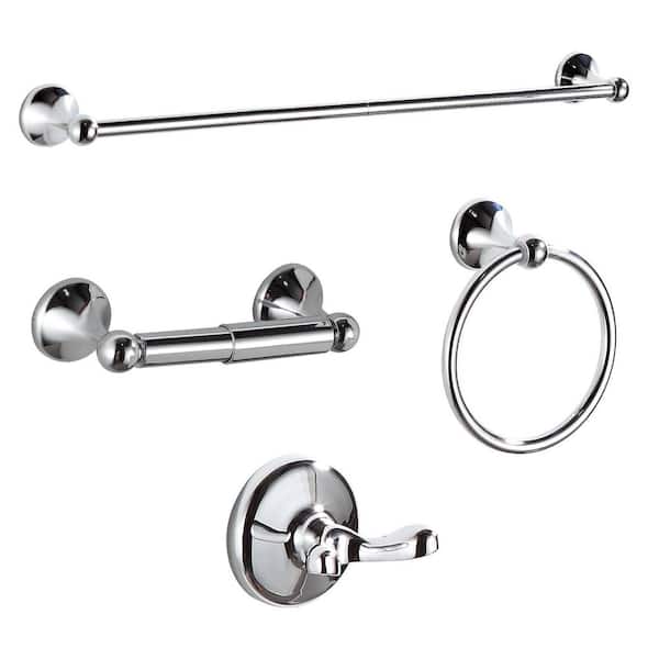 24 in. Wall Mounted Adjustable Expandable Durable Metal Towel Bar, 4-Piece Bathroom Hardware Set in Chrome