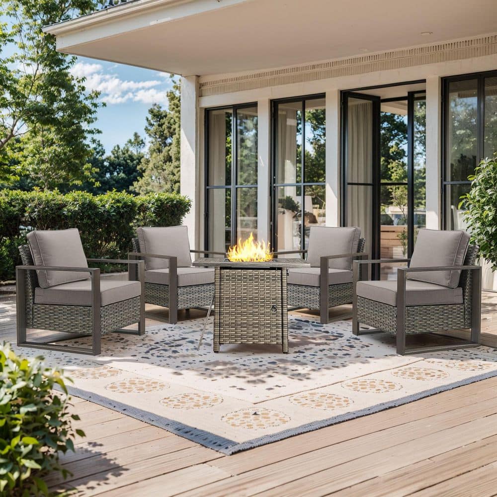 Funky Gray 5-Piece Outdoor Patio Conversation Set with Armrest, 50000 BTU Propane Firepit Table and Gray Cushions price history on PriceWatchPro