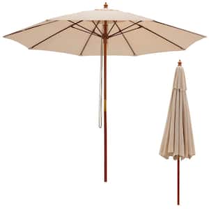 9.5 ft. Patio Rope Pulley Wooden Market Patio Umbrella with Fiberglass Ribs Outdoor Beige