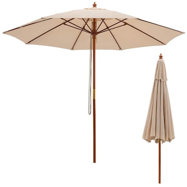 Costway 9.5 ft. Patio Rope Pulley Wooden Market Patio Umbrella with Fiberglass Ribs Outdoor Beige
