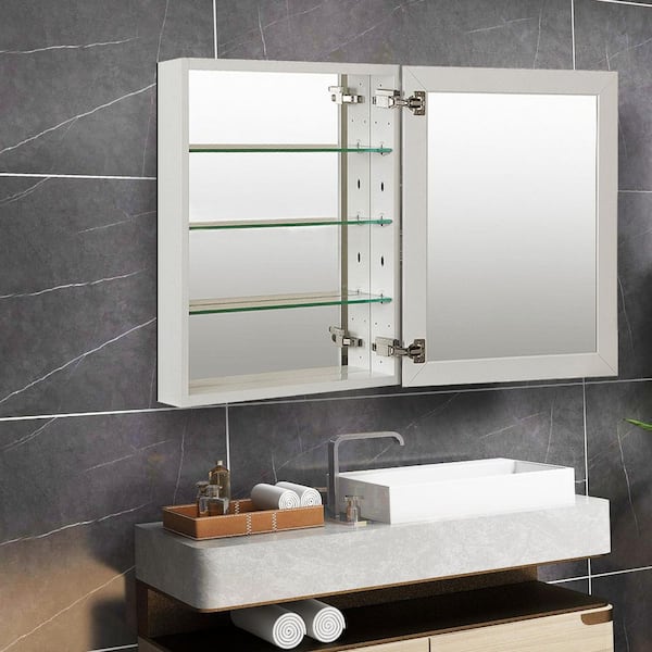 19 in. W x 30 in. H Rectangular Satin Chrome Aluminum Recessed/Surface Mount Medicine Cabinet with Mirror