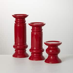 5", 9.5", and 11" Red Ceramic Pillar Candle Holder (Set of 3)
