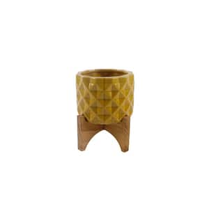 5 in. GL Mustard Ceramic Dimple on Wood Stand