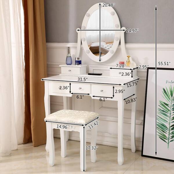 Outo Modern White Makeup Vanity, White Dressing Table With Light Bulb Mirror