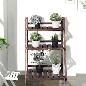 37 in. Tall Folding Indoor/Outdoor Brown Wood Plant Stand (3-tiered)