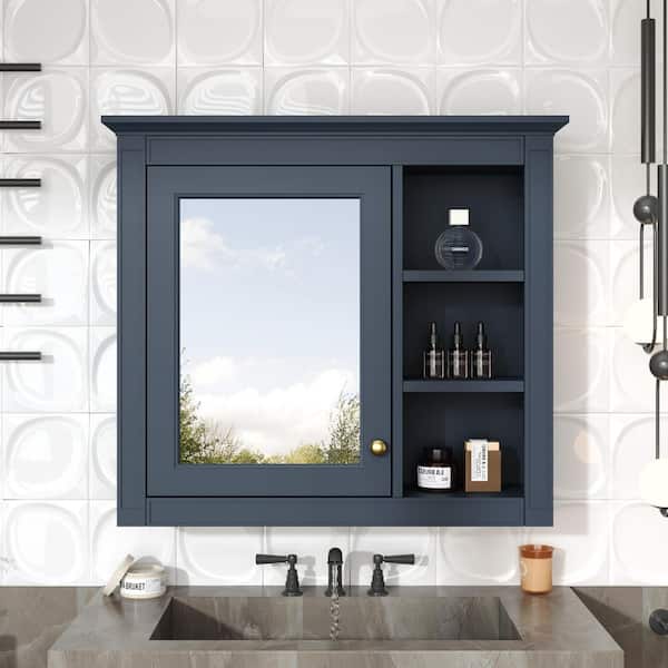 30 in. W x 28 in. H Rectangular Blue Wall-Mount Medicine Cabinet with Mirror and 3 Open Shelves, Bath Storage Cabinet